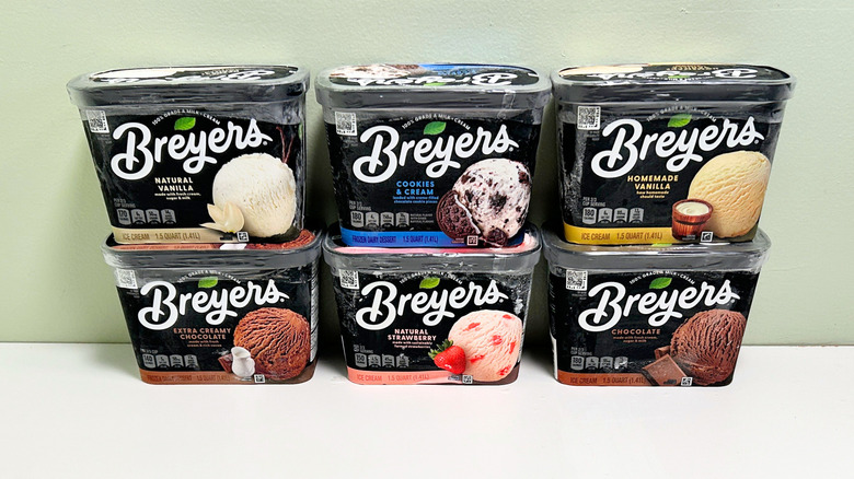 Six Breyers ice cream flavors stacked together two deep