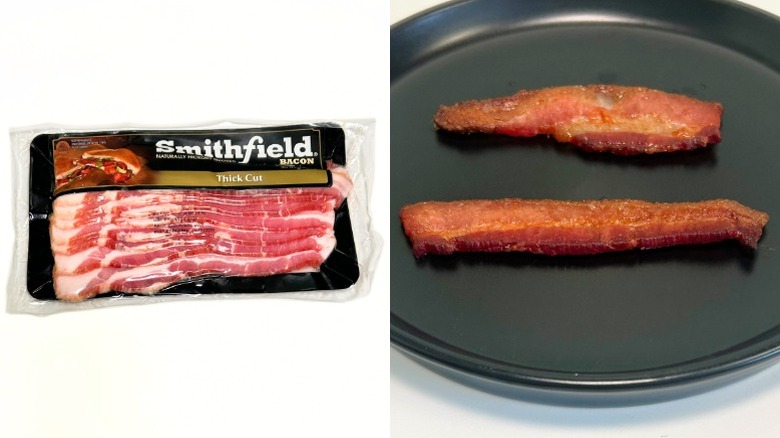 A black plate of bacon next to a package of Smithfield Naturally Hickory Smoked Thick Cut Bacon