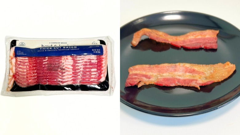 A black plate of bacon next to a package of Bowl and Basket Thick Cut Bacon