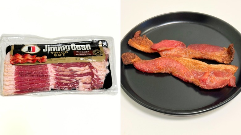 A black plate of bacon next to a package of Jimmy Dean Thick Cut Hickory Smoked Premium Bacon
