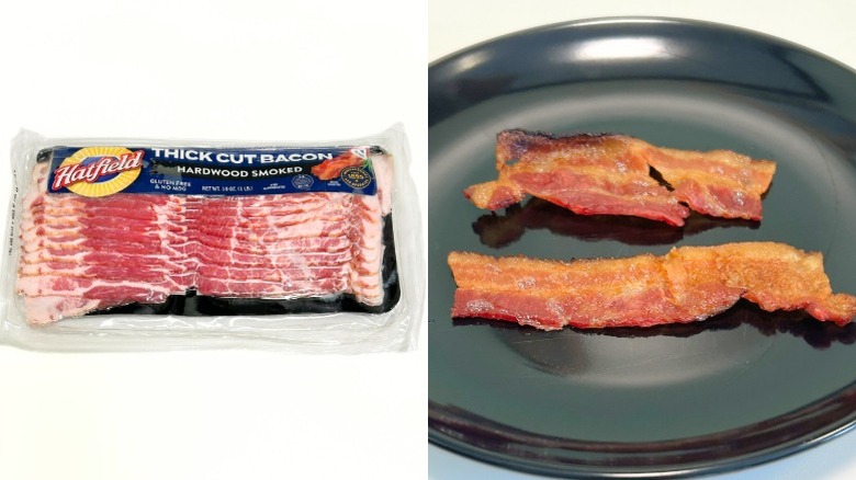 A black plate of bacon next to a package of Hatfield Hardwood Smoked Thick Cut Bacon
