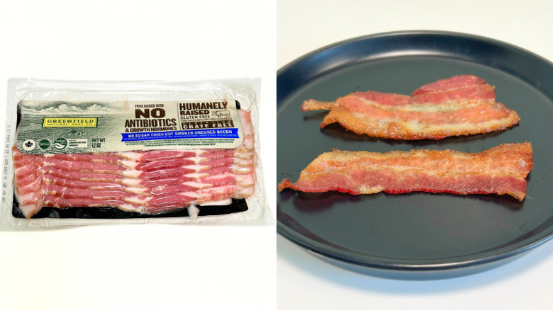 A black plate of bacon next to a package of Greenfield Natural Meat Company Thick Cut Smoked Uncured Bacon