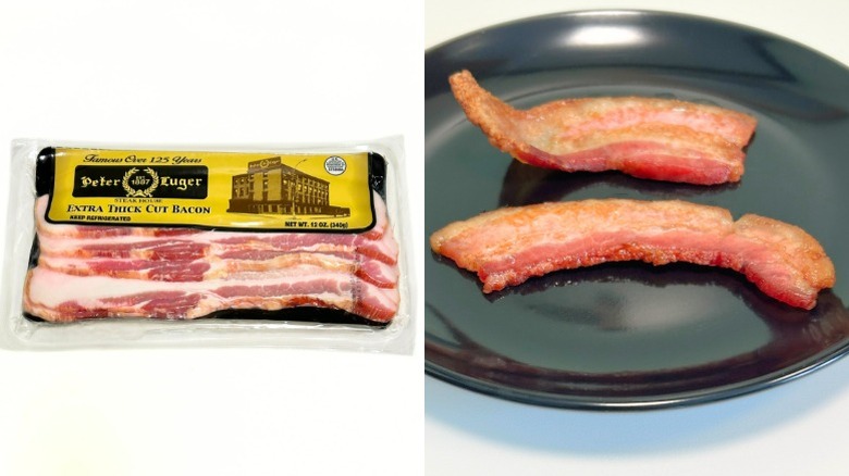 A black plate of bacon next to a package of Peter Luger Steakhouse Extra Thick Cut Bacon