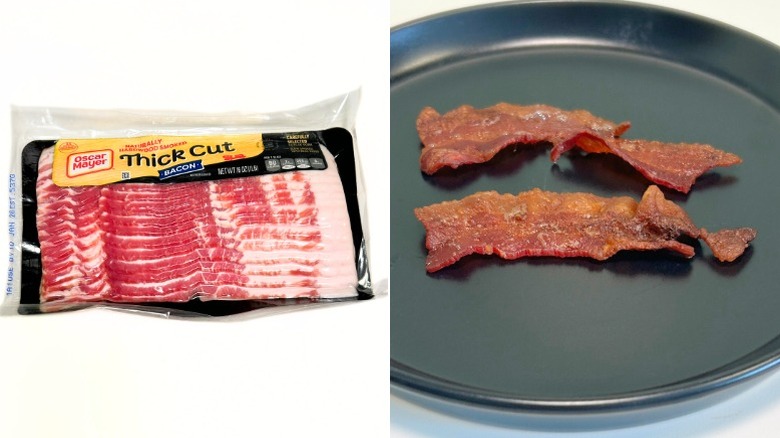 A black plate of bacon next to a package of Oscar Mayer Naturally Hardwood Smoked Thick Cut Bacon