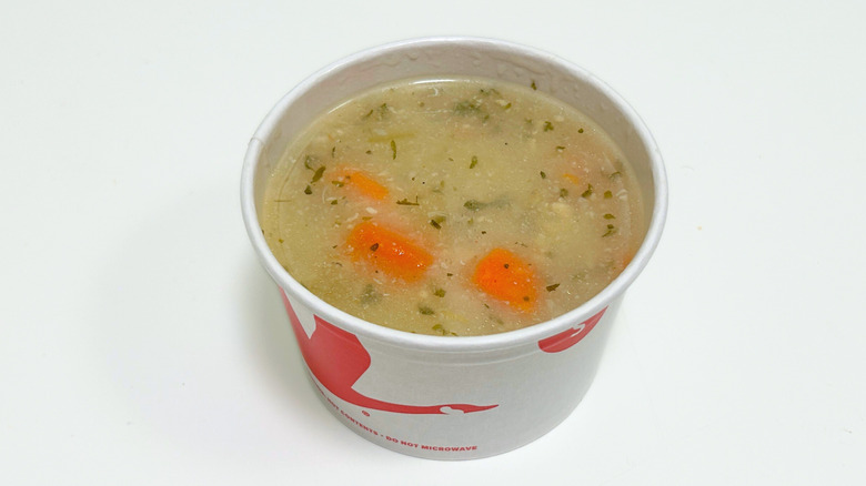 Close up of Wawa Chicken Noodle Soup in a to-go container