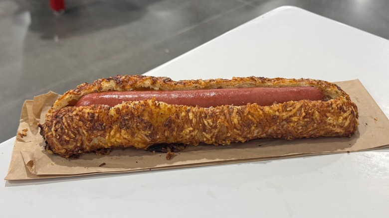Costco hot dog stuffed into a chicken bake