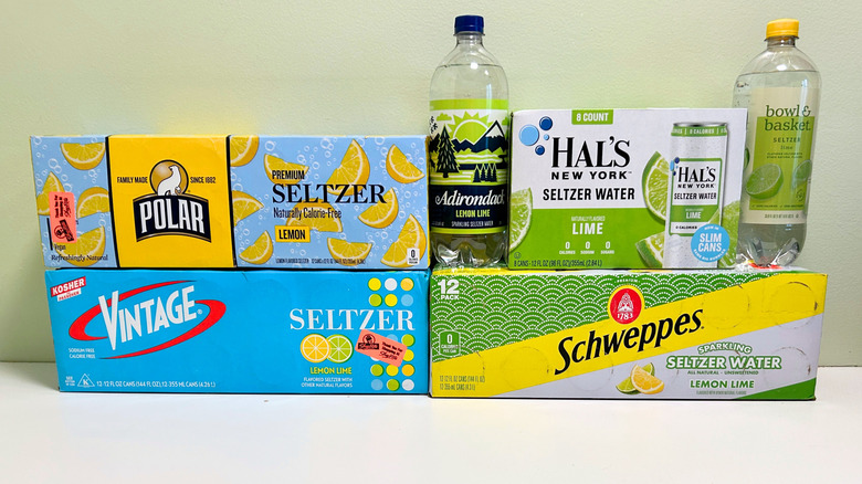 Six brands of seltzer water arranged together