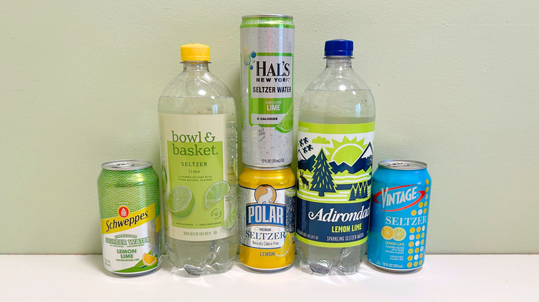 Six brands of seltzer water arranged together