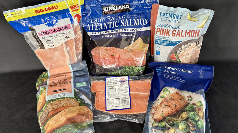 six packages of frozen salmon