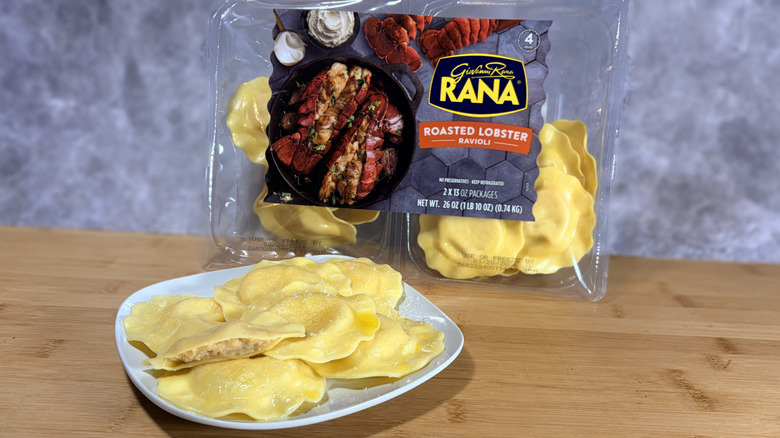 package and plate of lobster ravioli on table