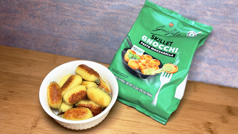 bowl and bag of Garofalo pesto gnocchi on table