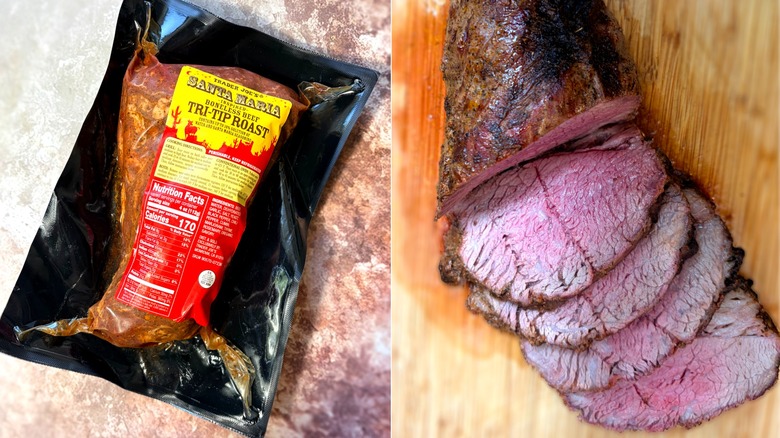 package of tri-tip roast and same roast cooked and sliced