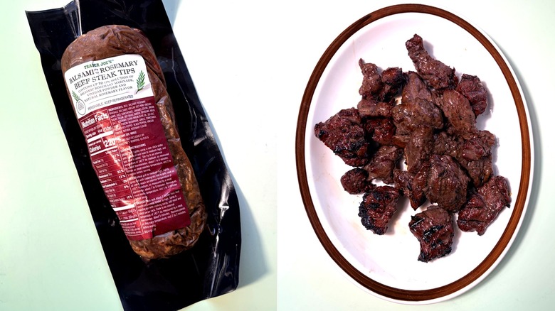 package of beef steak tips and same tips cooked on plate