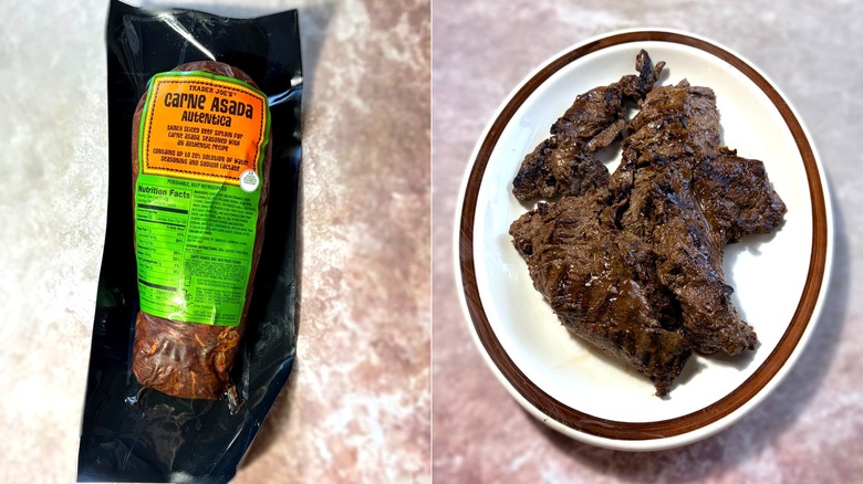 package of carne asada and plate of same meat cooked