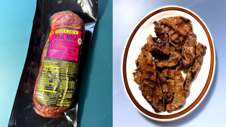 package of bool kogi boneless ribs and plate of same meat cooked