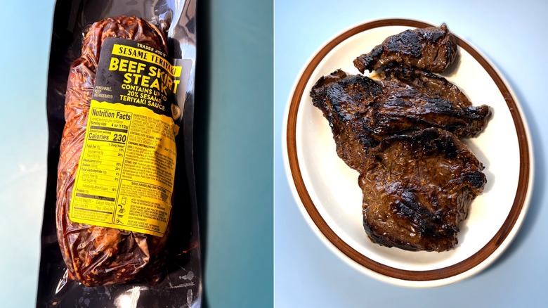 package of beef skirt steak and plate of same steak cooked