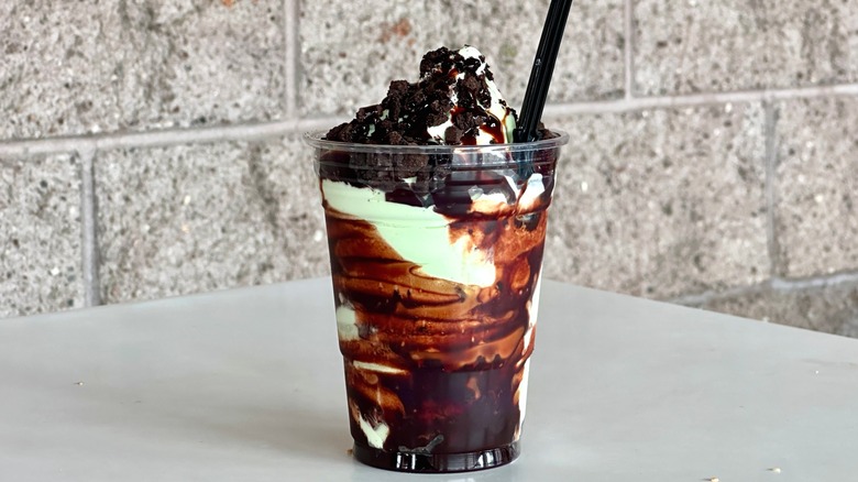 double chocolate mint sundae sitting on table