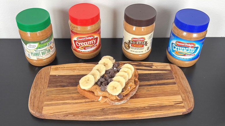 Aldi peanut butters with toast and banana slices
