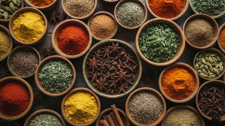 Many different spices arranged together in wooden bowls