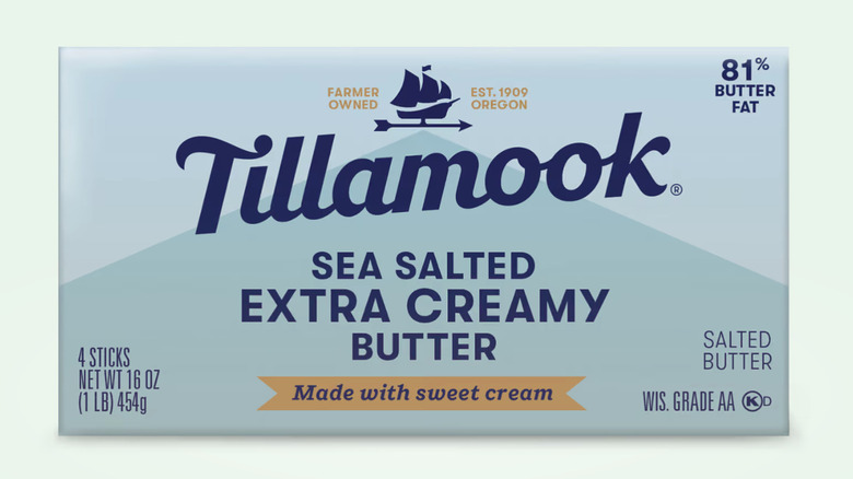 A package of Tillamook Sea Salted Extra Creamy Butter on a light blue background