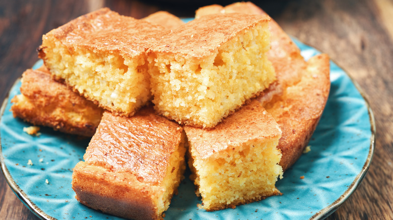 Cornbread on a blue plate