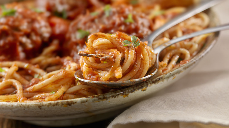 spaghetti with marinara sauce on spoon