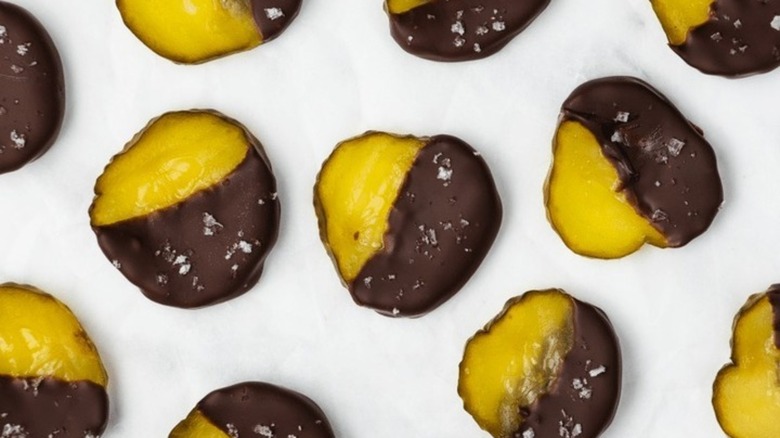 Plate of chocolate dipped pickles