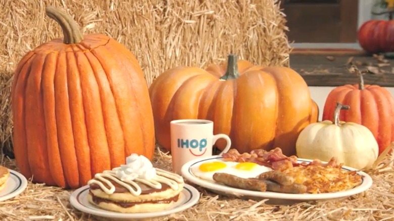 IHOP Pumpkin Spice pancakes with pumpkins