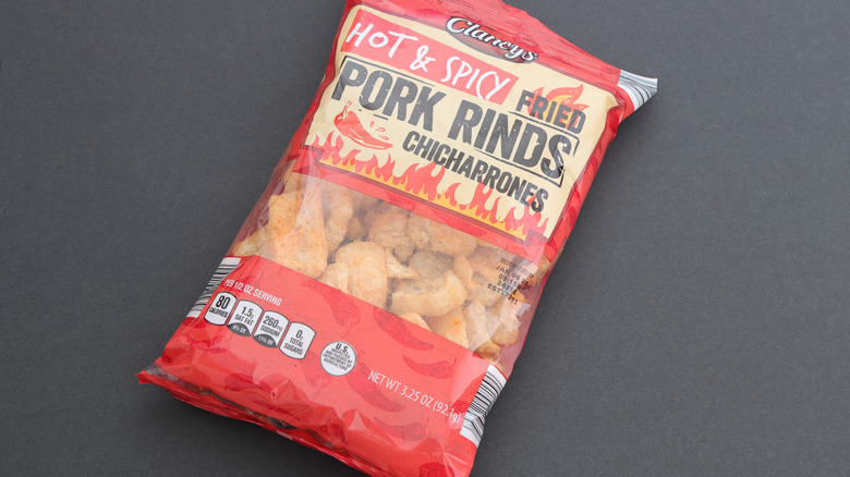 Close up of a bag of Clancy's Hot and Spicy Fried Pork Rinds