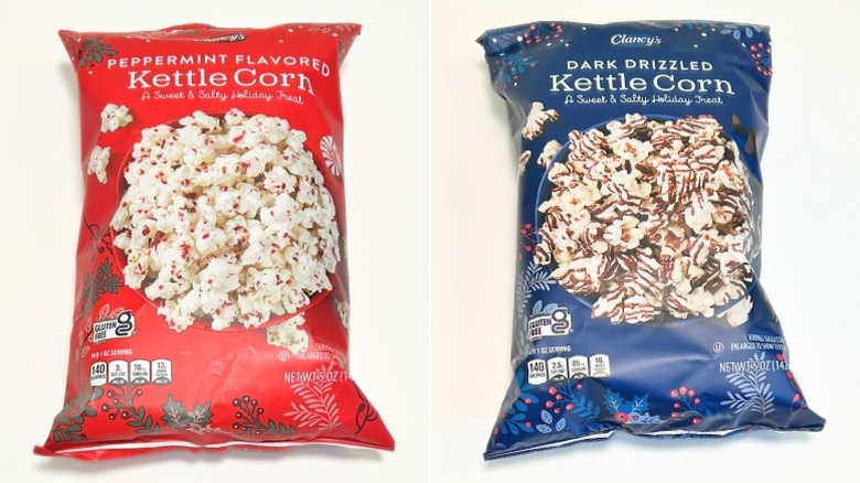 Two bags of Clancy's Holiday Kettle Corn side by side