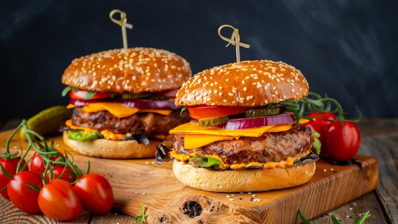 triple stacked burgers