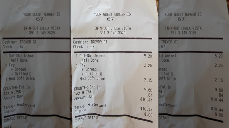 Image of In-N-Out receipt with guest number 67