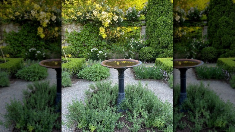 Ina Garten's garden with bird bath