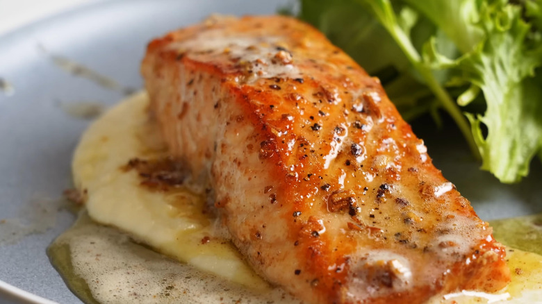 A close-up of a salmon filet in a peppery, creamy dressing on a plate next to greens