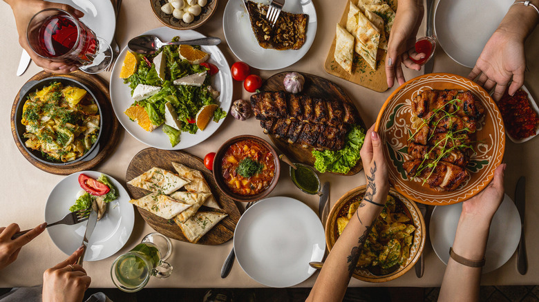 Various dishes on dinner table