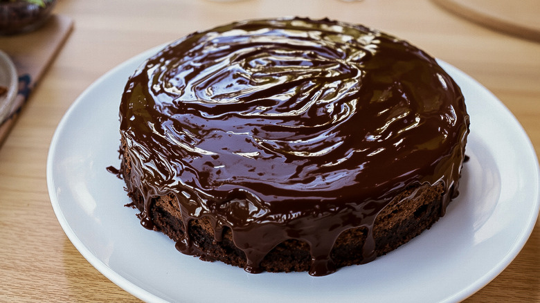 chocolate ganache cake on a white plate