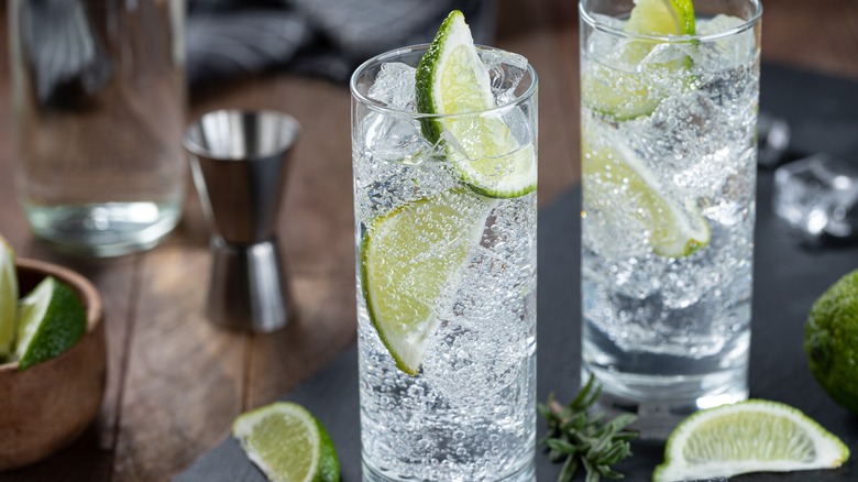 gin and tonic cocktail with limes, tonic