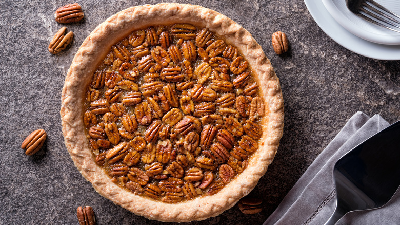 A pecan pie on a table