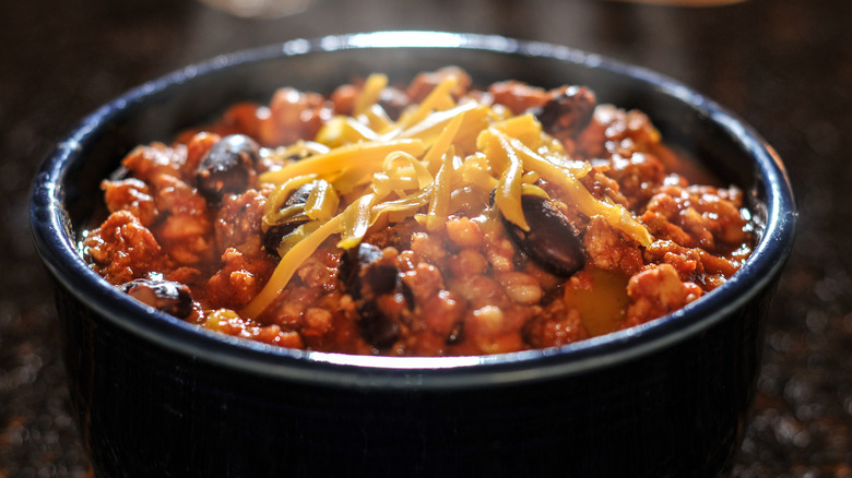 bowl of chili with cheese