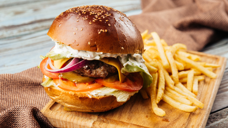 Burger and fries on board