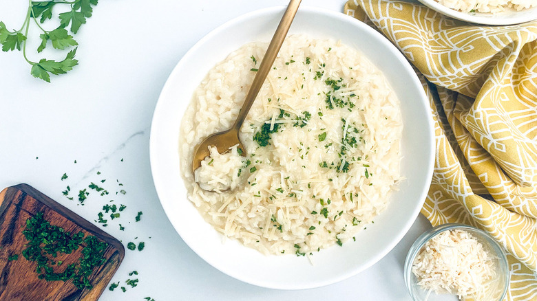 risotto in white bowl
