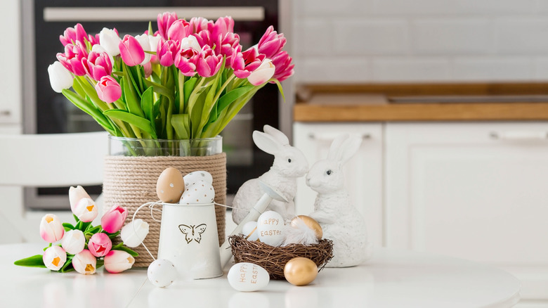 flowers and Easter eggs with bunny decorations