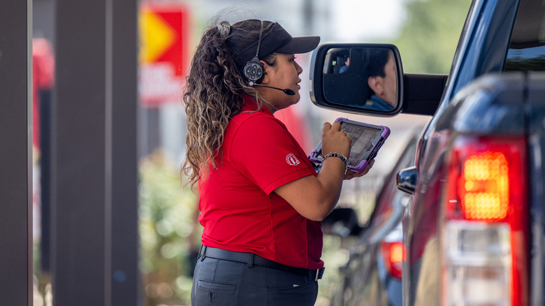 Chick-fil-A staff member taking order