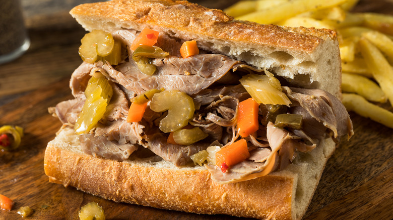 Close-up of an Italian beef sandwich