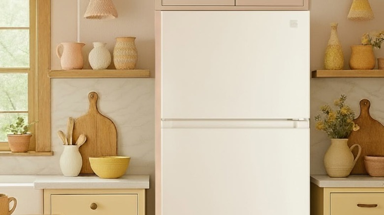 A white Kenmore refrigerator in stylish kitchen