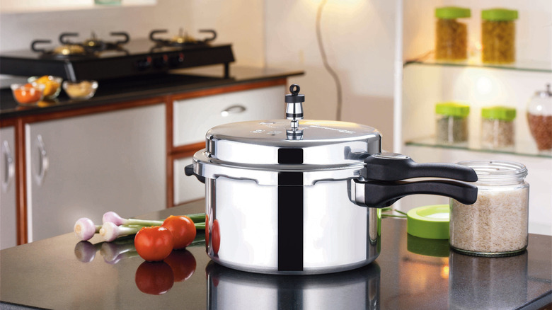 Stovetop pressure cooker on counter