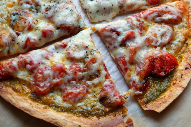 Cracker Pizza with Roasted Tomatoes and Basil Pesto