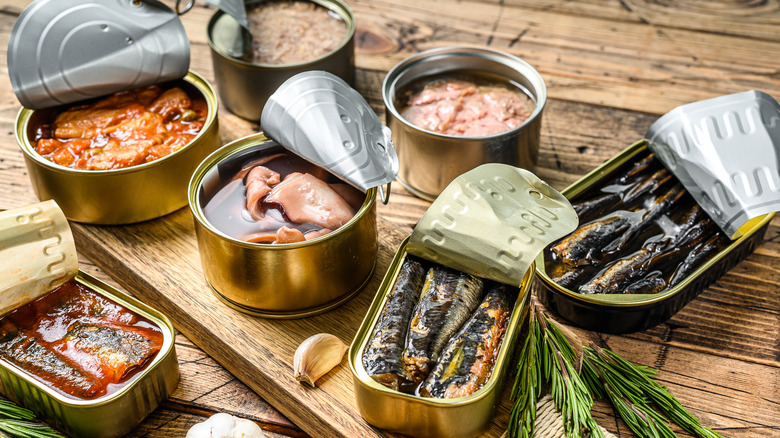 Various types of canned fish on table