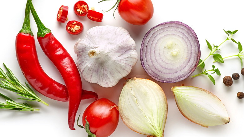 chilis, onions and garlic