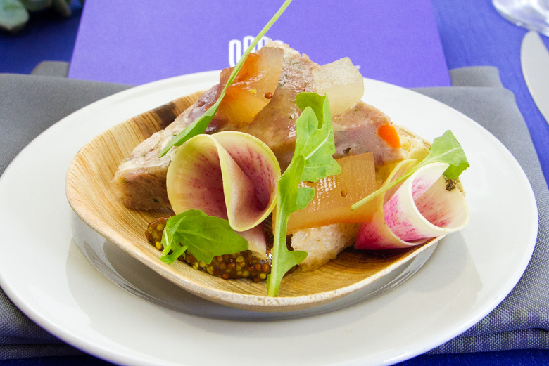 Pork–Duck Terrine with Pickled Watermelon Rind, Whole-Grain Mustard, and Arugula created by Sacha Levine of Octotillo